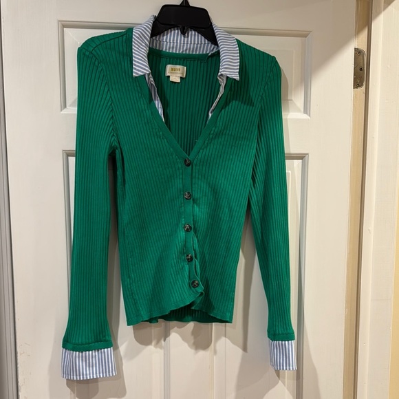 Maeve Green Ribbed Cardigan with Striped Collar - Picture 1 of 12
